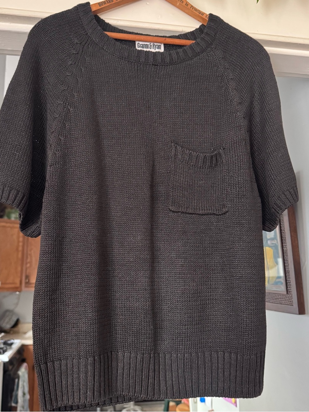 Vintage Gianni & Ryan 90s short sleeve black sweater pocket crew cotton ramie